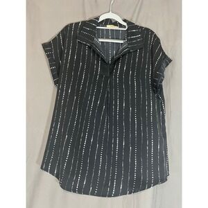 Timeson Womens Black White Dotted Stripe V-Neck Short Sleeve Blouse Small